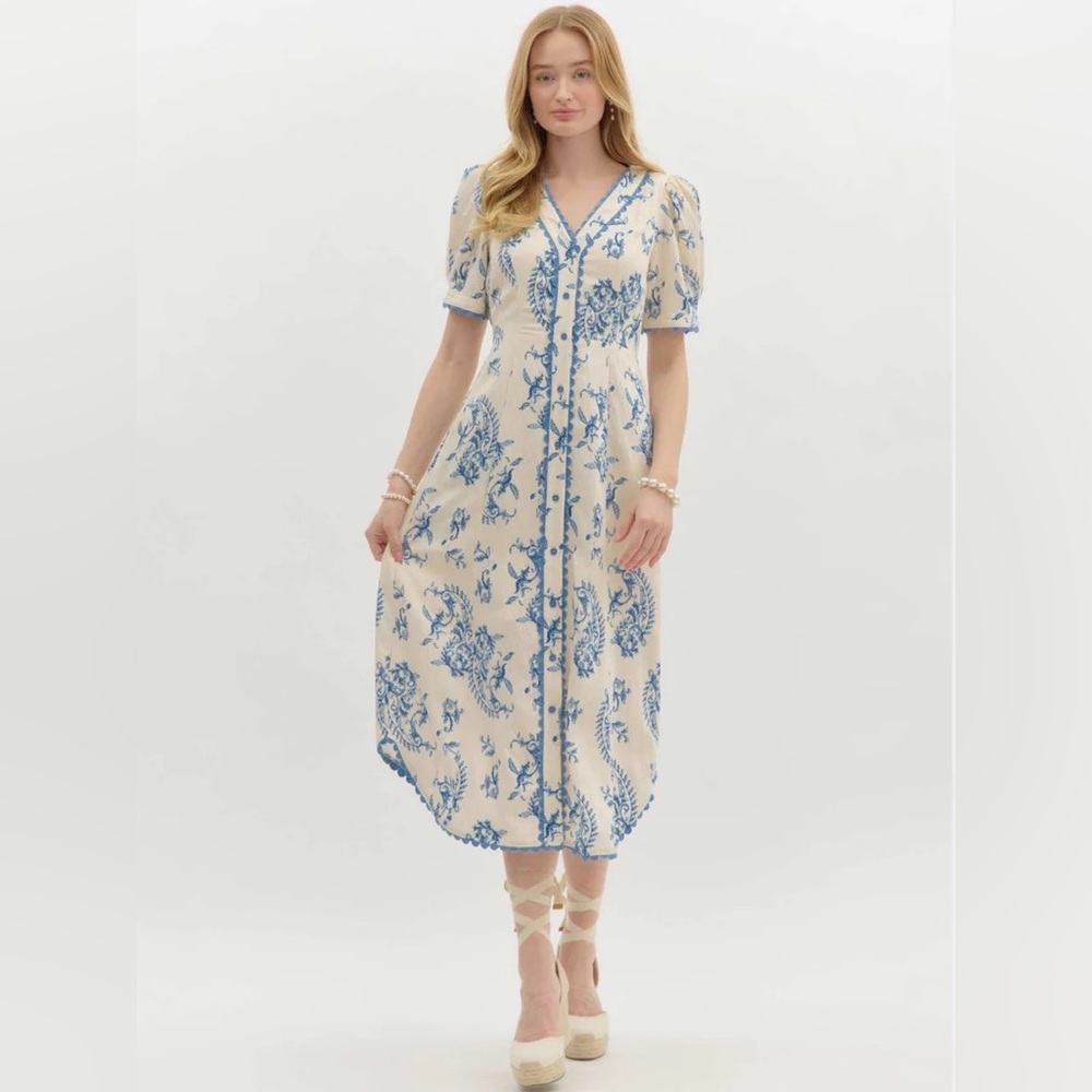 NWT Entro Paisley Blue Scallop Trim Midi Dress Size Large